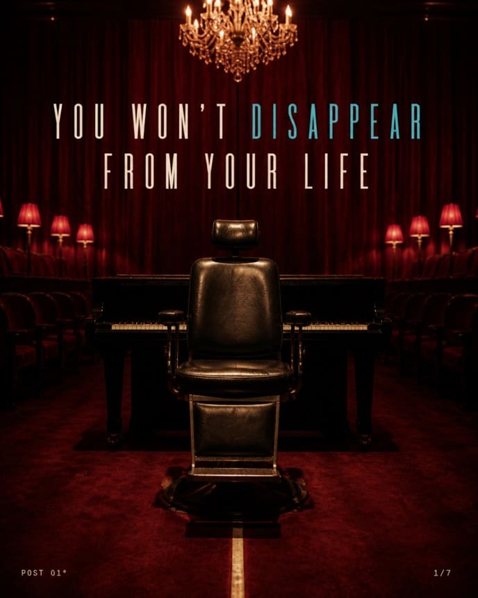 Carousel cover — a single chair before a grand piano on a red-velvet theatre stage under a chandelier, headline “You won’t disappear from your life”.