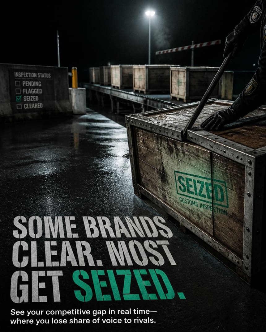 Wooden crates on a wet night dock, stencilled SEIZED in teal.