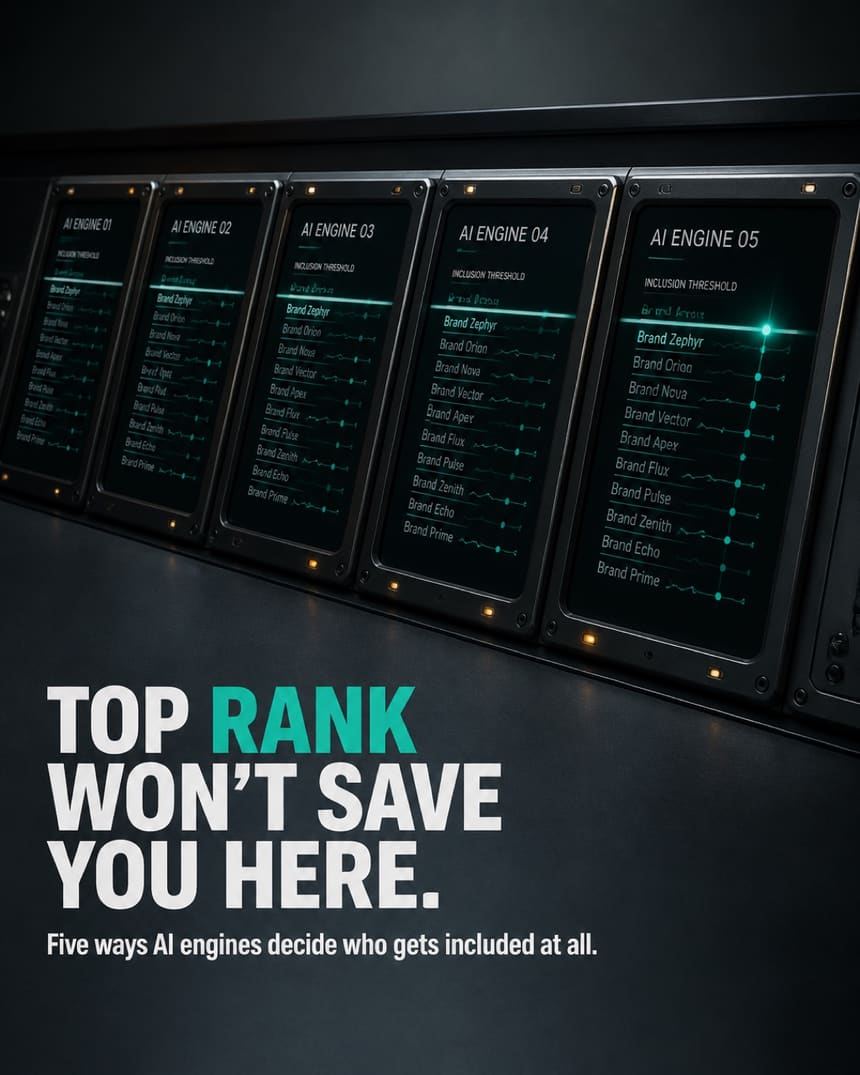 A row of lit AI-engine panels, each listing ranked brand names.