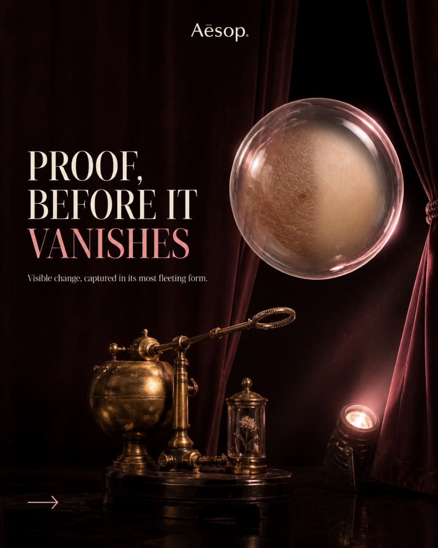 A brass apparatus and a glowing sphere before a dark red curtain.