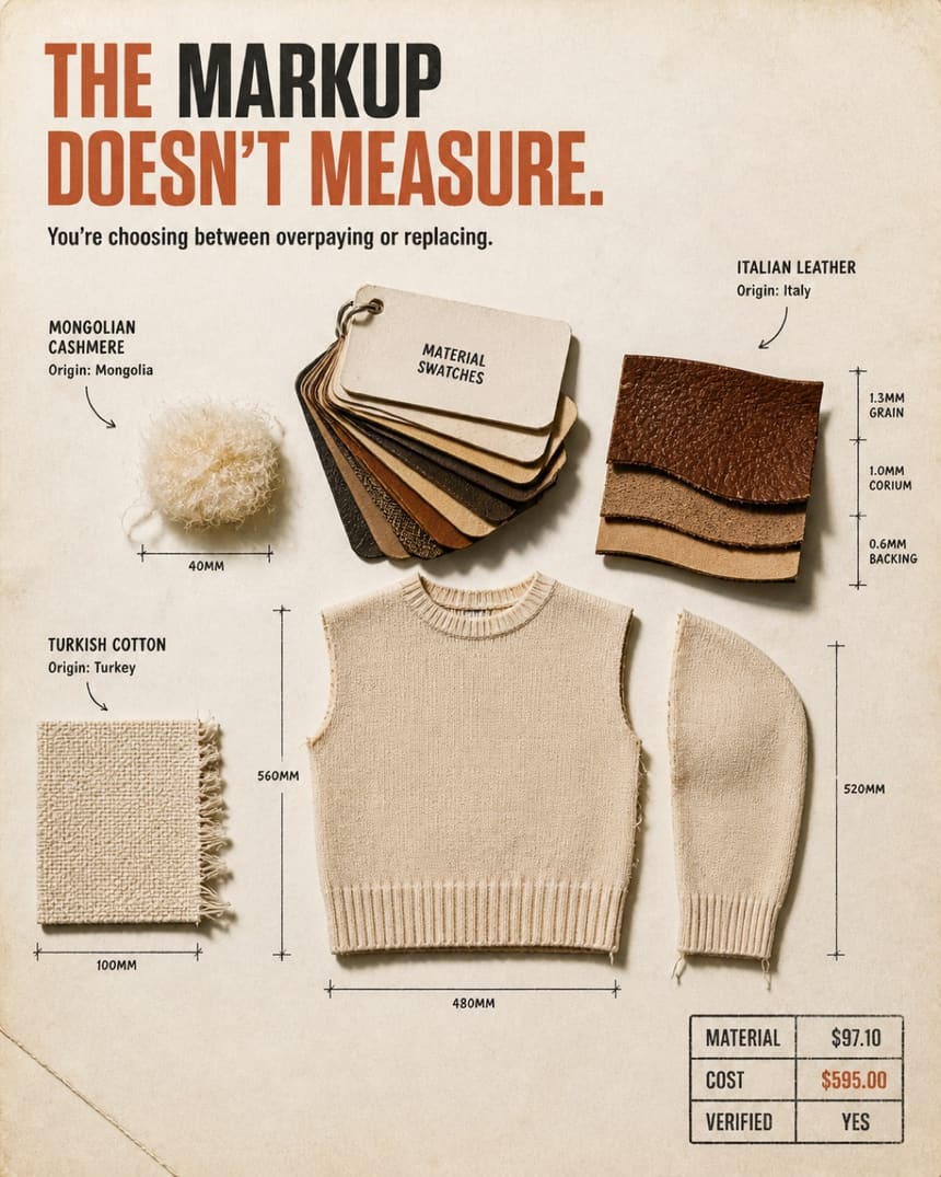 A flat-lay of cashmere, leather and cotton swatches with dimension callouts and a cost table.