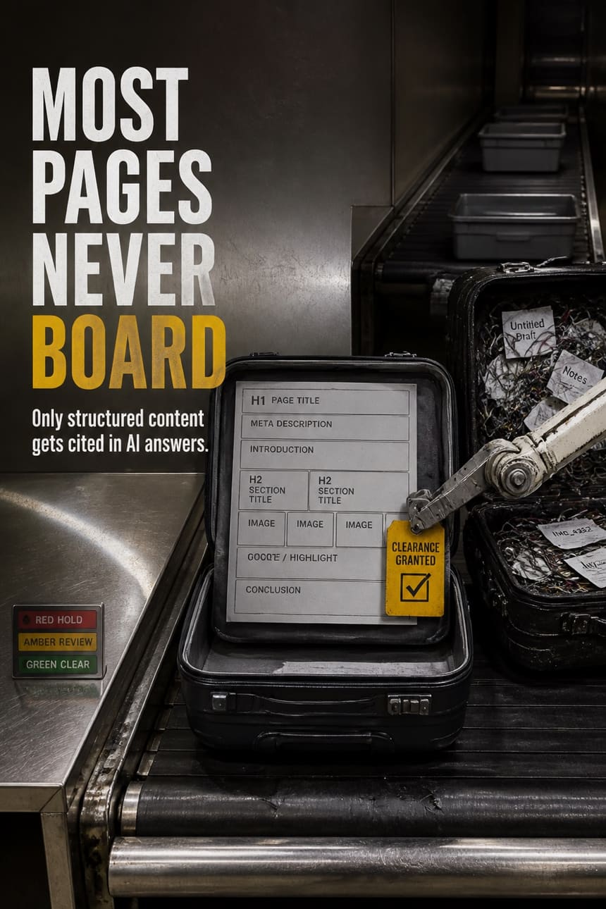 Carousel cover — a suitcase on an airport baggage conveyor holding a page wireframe tagged “clearance granted”, headline “Most pages never board”.