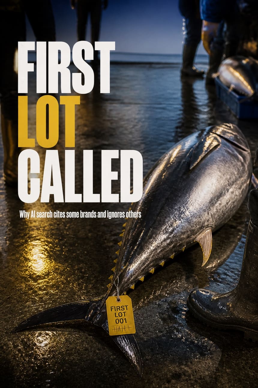 Carousel cover — a tuna on a wet dock at dawn with a numbered auction tag on its tail, headline “First lot called”.