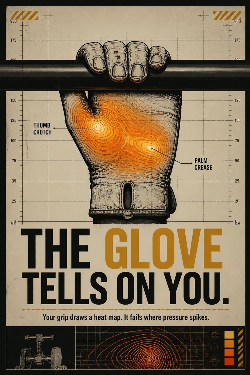 Carousel cover — a technical illustration of a work glove on a measuring grid with a heat map across the palm, headline “The glove tells on you” printed onto the chart paper.