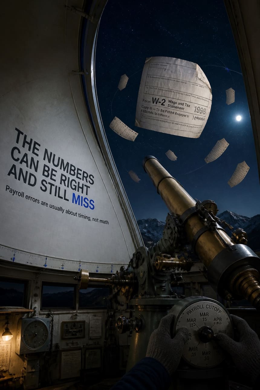 Carousel cover — an observatory dome at night with tax forms drifting past a brass telescope, headline “The numbers can be right and still miss”.