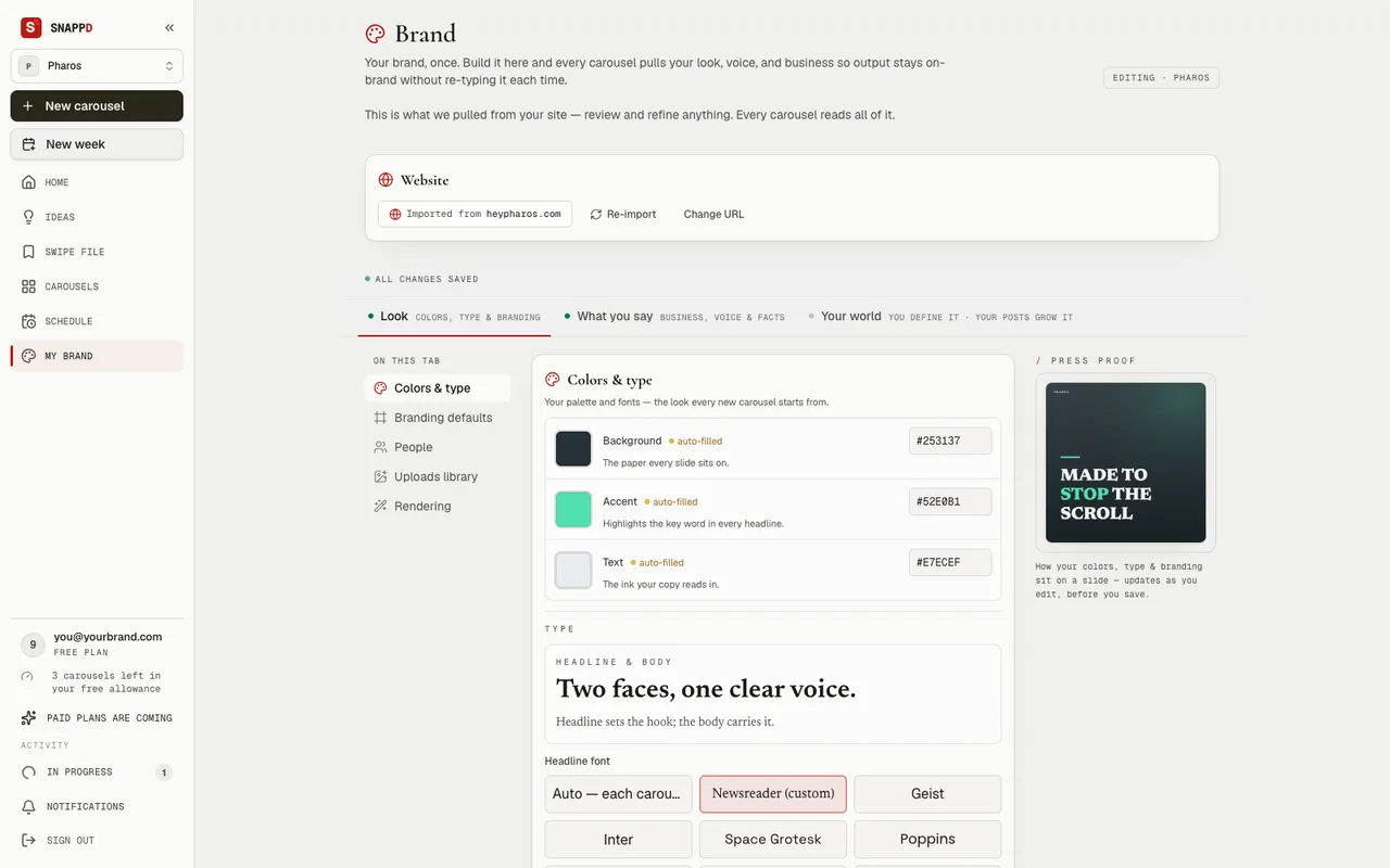 The Snappd brand page: palette and fonts read off the user's own website, each colour labelled with the job it does, beside a live proof of how they sit on a slide.