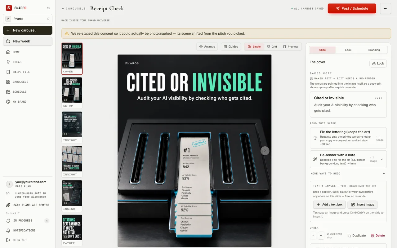 The Snappd deck editor: the slide strip down the left labelled cover, setup, insight and payoff; the rendered cover in the middle; and the panel that edits the baked copy and re-renders one slide.